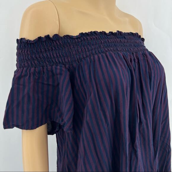 Cooperative MEDIUM Purple Blue Striped Off Shoulder Shift Mini Dress - Picture 2 of 7